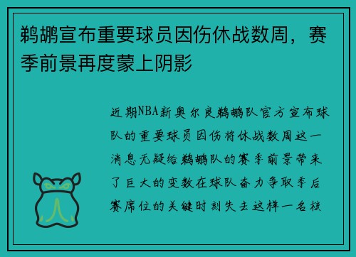 鹈鹕宣布重要球员因伤休战数周，赛季前景再度蒙上阴影