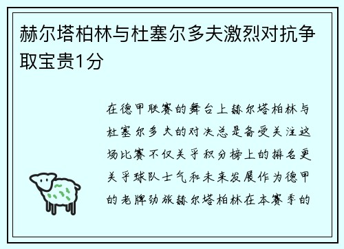 赫尔塔柏林与杜塞尔多夫激烈对抗争取宝贵1分