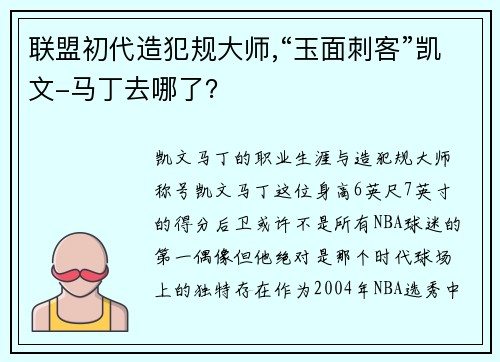 联盟初代造犯规大师,“玉面刺客”凯文-马丁去哪了？