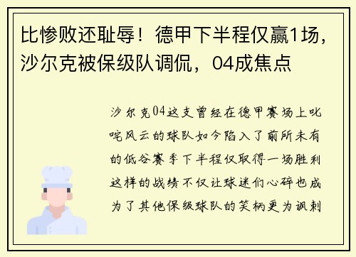 比惨败还耻辱！德甲下半程仅赢1场，沙尔克被保级队调侃，04成焦点